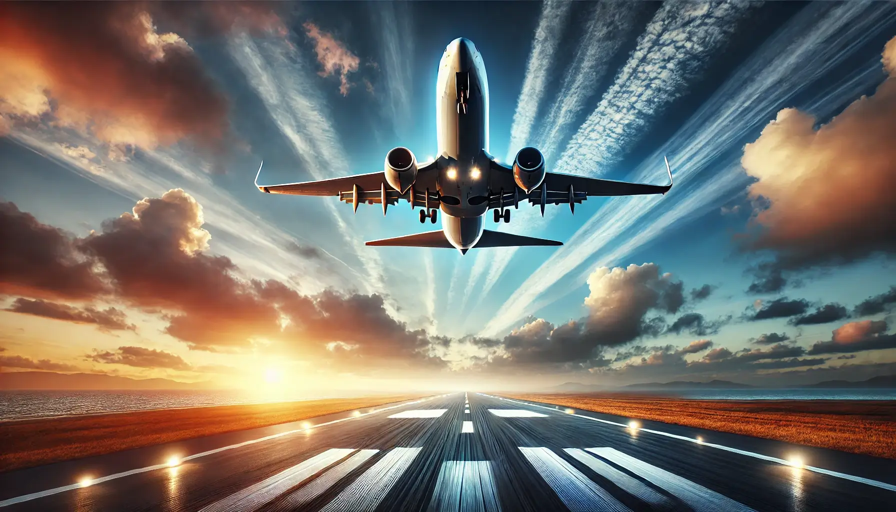 Airplane taking off at sunrise