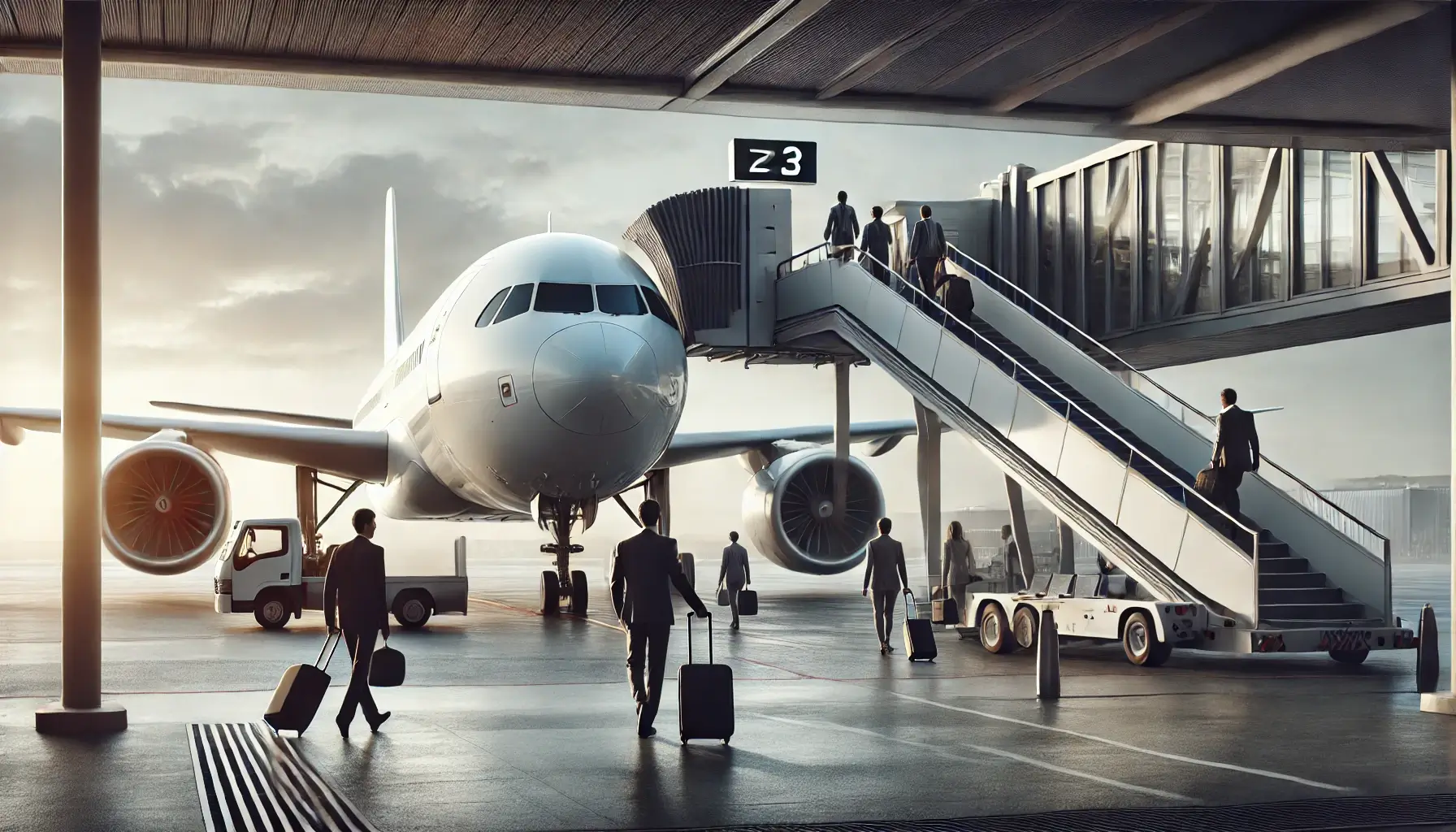 Passengers boarding an aircraft via jet bridge