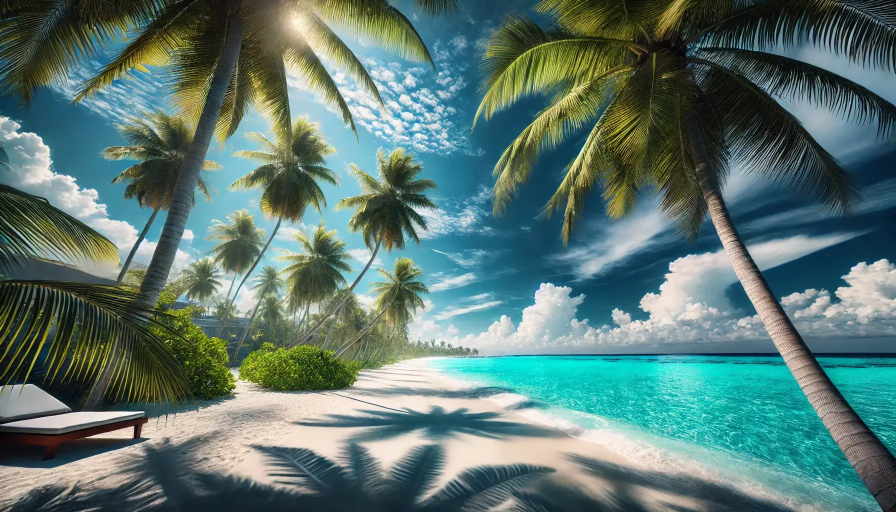 Tropical beach with palm trees, ocean and blue sky